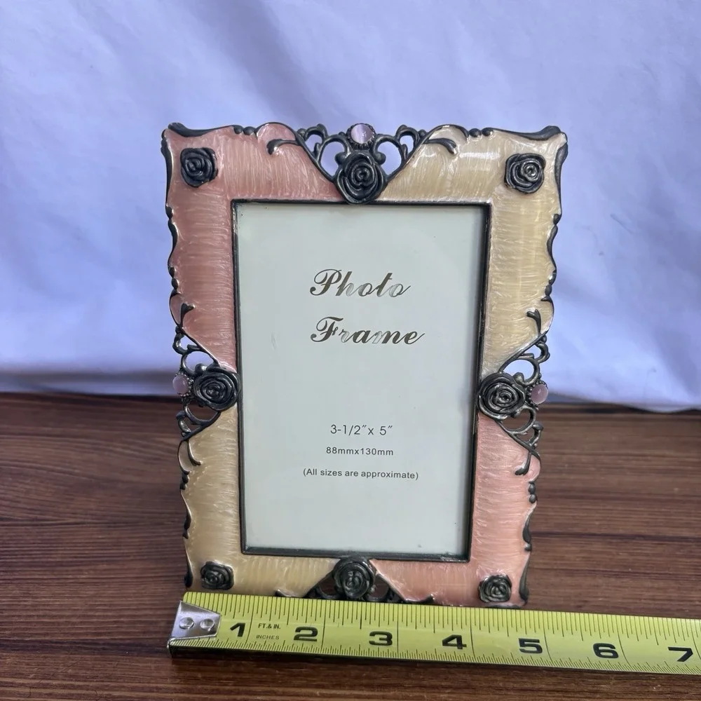 Eleganza Imports Pink Cream Enamel Rose Photo Frame 3.5x5 Ornate Metal Decor